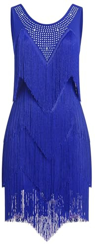 EFOGEP Damen 1920er Fransenkleid Salsa Tanzkleid mit Strass | Mit funkelnden Strass-Details und mehrlagigen Fransen für Charleston, Salsa, Tanzshows und Partys