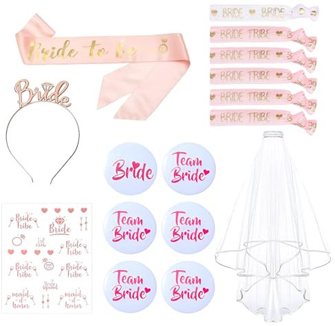 Moerstar JGA Deko Frauen Set, Bride to Be Schärpe Set mit Schleier Bride Armband Tattoos Abzeichen und Haarschmuck, Junggesellenabschied Frauen JGA Accessoires