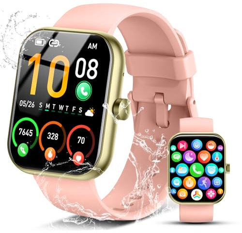 Smartwatch Damen Herren, 1.96 HD Smart Watch Fitness Tracker mit Telefonfunktion, 110+ Sportmodi Fitnessuhr Herzfrequenz Schlafmonitor Schrittzähler, IP68 Wasserdicht Sportuhr für Android iOS, Rosa