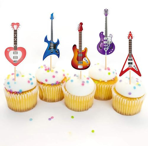 Blumomon 30pcs Rock Music Cake Toppers, Guitar, E-Guitar Cupcake Topper Music Festival Cake Decoration Music Party Decoration for Music Theme Birthday Supplies