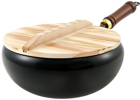 Uncoated Cast Iron Pot with Wooden Lid and Handle Forged Big Belly Pot Heat Retention Stock Pots Frying Pan for Kitchen Cooking Gas Stoves Induction Hobs Simmering and High-Heat Frying(28cm)