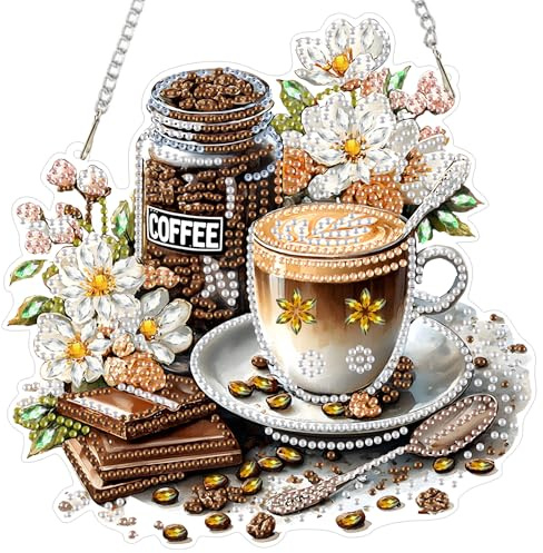 DAERLE Diamond Painting Anhänger, Kaffeetasse, DIY Diamant Painting fensterdeko hängend, Kaffeeliebhaber, Diamond Art Fensterbilder mit Kette, Wandbehang Kits für Fenster Wand und Eingang Decor