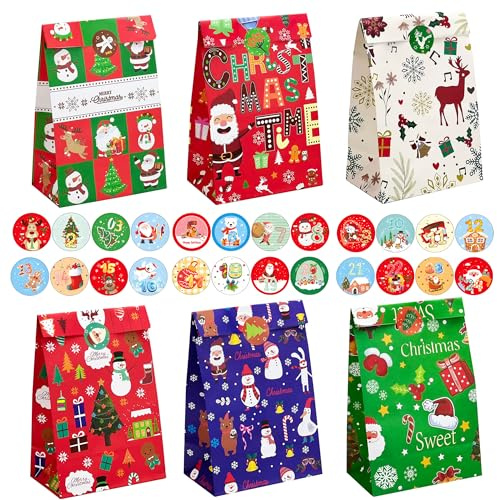 24 Pcs Christmas Paper Bags, Xmas Gift Treat Bag with 24 Pcs Stickers, Christmas Sweets Bags Party Bags, Kraft Paper Treat Goody Bags for Parties & Classrooms