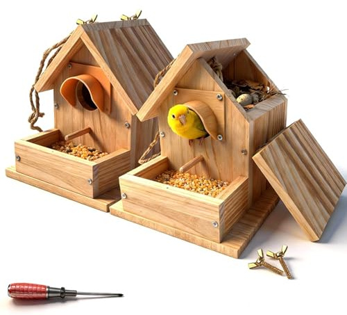 Caja para pájaros de madera – Caja para pezones y rojo garganta, comedero colgante resistente a las temperías para pájaros pequeños, con protección (2 unidades, 12 x 17 x 17 cm)