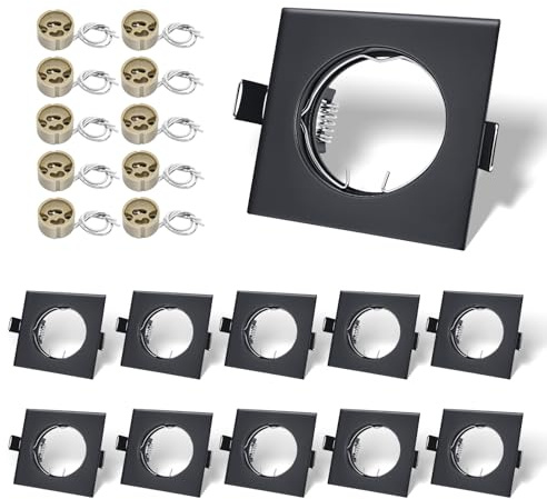 LteelDay 10er-Set Eckige GU10 Einbaurahmen Matt Schwarz mit VDE Fassung | Eckiger Metall-Einbaurahmen 80x80mm, Lochmaß 55-70mm. Inkl. Federklammern. Für 50mm LED/Halogen. Ohne Leuchtmittel.