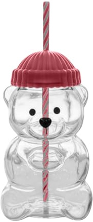 Bear Cup with Straw & Lid, 350ML Cute Bear Glass Straw Cup Reusable Clear Glass Cups Iced Coffee Smoothies Fruit Juice Drinks Beverage Bottle Gift for Christmas (Pink)