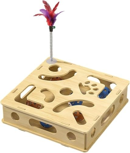 kumosaka Cat Nail File Enrichment Box, Scratch Puzzle Enrichment Box, with 6 Bell Balls and Cats Funny Stick, Pet Games Self Play Fun Exercise Hide Seek Moving Cat Toy