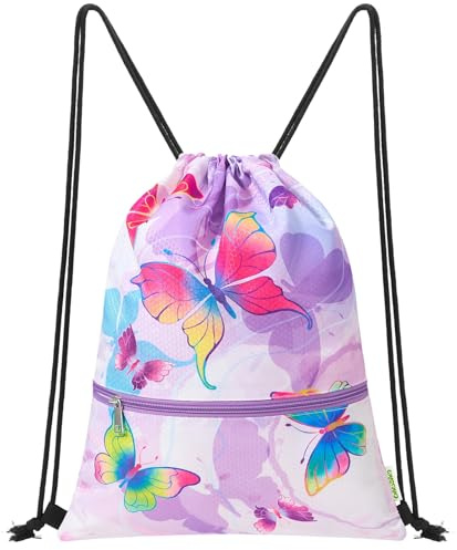 WAWSAM Schmetterling Turnbeutel kinder, Rucksack mit Kordelzug für Mädchen | Wasserdichte Sportbeutel für Sport und Strand, Schwimmtasche kinder mit Reißverschlusstasche für Geburtstag Geschenk