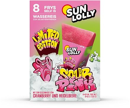 Sun Lolly Wassereis Sour Pink Cranberry & Heidelbeere 8 Stk | Limited Edition | Mit Fruchtsaft | Ohne künstliche Süßungsmittel | Glutenfrei