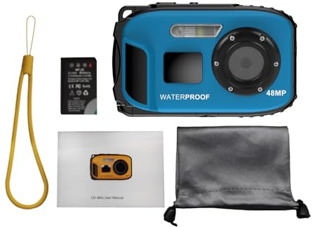 AKLOSIPY Appareil Photo Numérique 1080P Résistant à l'eau, Caméra Vidéo 48 MP, Mise au Point Automatique, Zoom 16X pour Enfants, Jaune Bleu, écran IPS 2,4, Résistant à l'eau 5 M, Idéal (Blue)