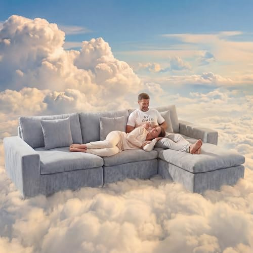 ANDFZ Modular Cloud Boneless Sofa, 4–6 Seater L-Shaped Corner Sofa, Deep Seat Fabric Sectional Couch, Vacuum Compressed Sofa for Living Room/Home Cinema, Grey