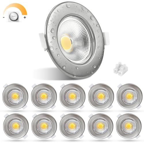 Allesgute 10er Set LED Einbaustrahler 230V dimmbar IP44, 10W COB Spot flach rund, gebürstet Edelstahl, 850lm Warmweiß 3000K, Lochmaß 65-85mm, für Badezimmer Küche Wohnzimmer Schlafzimmer