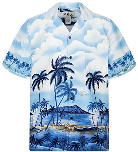 KY‘s | Original Hawaiihemd | Herren | S - 8XL | Kurzarm | Front-Tasche | Hawaii-Print | Strand Palmen Meer | Blau