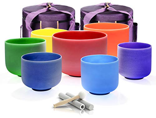TOPFUND 432 Hz Chakra Set of 7 Crystal Singing Bowls 8-10 inch with Four Heavy Duty Carrying Cases and Singing Bowl Mallets