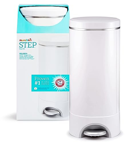 Munchkin® STEP™ Diaper Pail Powered by Arm & Hammer, #1 in Odor Control, Award-Winning, Includes 1 Snap, Seal & Toss™ Bag, 1 Starter Refill Ring, and 1 PUCK™ Baking Soda Cartridge