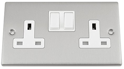 Socket 2 Gang - Satin Matt Chrome - Square - White Insert Plastic Switch - 13A Double Wall Plug Socket