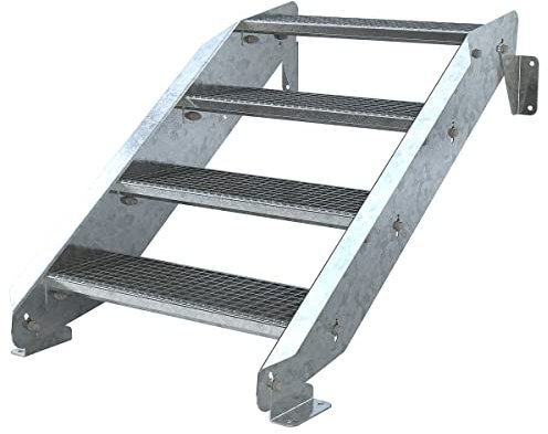 Außentreppe 4 Stufen 70 cm Laufbreite - ohne Geländer - Anstellhöhe variabel von 62 cm bis 84 cm - Gitterroststufe ST3 - feuerverzinkte Stahltreppe mit 700 mm Stufenlänge als montagefertiger Bausatz