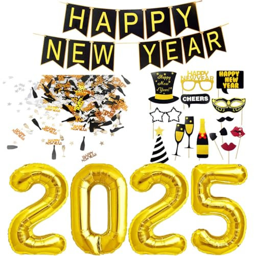 Silvester Deko 2026 Dekoration Set, Neujahr Silvesterdeko, Happy New Year Girlande + Folienballons + Fotorequisiten Masken Konfetti. Neujahrsdeko/Silvesterpartydeko Accessoire für Silvesterparty