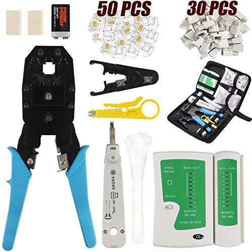 12 in 1 RJ45 Crimp Tool Kit, JENABOM Network Tool Kit RJ11 CAT5 CAT6 Crimping Tools Network LAN Cable Tester Repair Computer Maintenance Ethernet Tool Kit Wire Stripper Tool