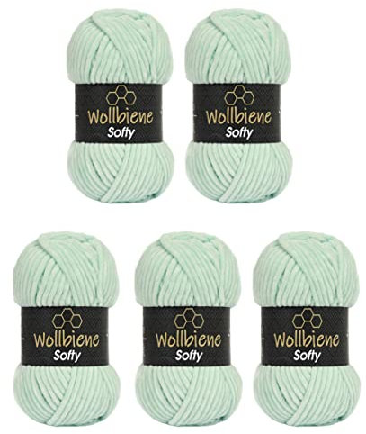Wollbiene Softy 5 x 100 Gramm Chenille-Wolle Strickwolle, Babywolle, 500 Gramm Chenille Wolle Super Bulky (mint 07)