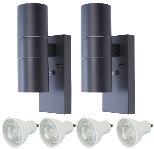 HiSPEC Coral LED Outdoor Up Down Wall Light with Photocell Sensor - Anthracite Grey - Twin Pack | Wall Light with Dusk Till Dawn Sensor & IP44 Rating for Home, Garden | 4 x GU10 Bulbs Included