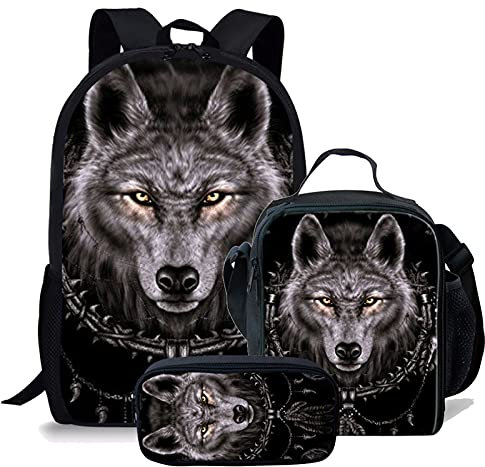 NETILGEN Wolfskopf Halskette Kinder 3-in-1-Schultaschen-Set Schulranzen, Junge Laptop Cool Wolf Umhängetasche Kinder Tierdruck Kinderrucksack Reisetasche Brotdose Bleistift Box Geschenk für Teen Boys