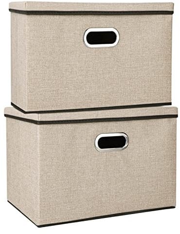 Youyijia 2 Pack Storage Boxes with Lids 45x30x30cm Large Collapsible Storage Baskets for Shelves Foldable Linen Fabric Storage Bin Cube Storage Unit for Organizing Clothes Toys(Brown)