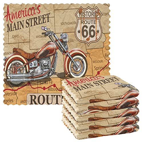 ALAZA 6 Pack Kitchen Cloth Dish Towels, Vintage Route 66 Motorcycle Poster Super Absorbent Coral Velvet Dishtowels, 11x11 Inches