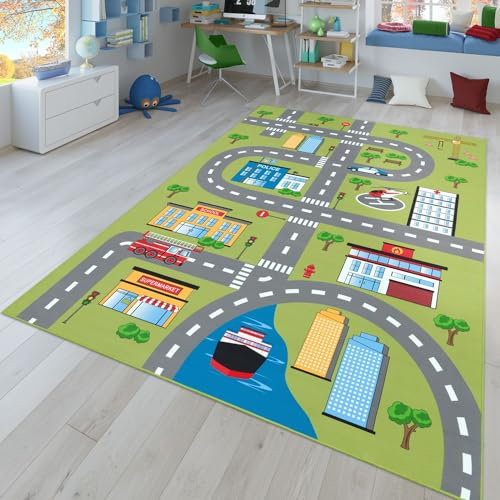 TT Home Kinderzimmerteppich Teppich Junge Mädchen Kinderteppich Baby rutschfest Straße, Farbe:Grün 2, Größe:100x200 cm