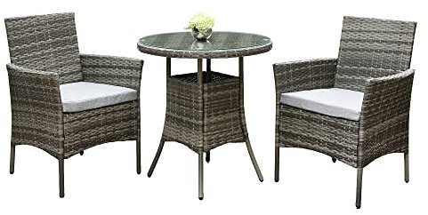 RayGar 3pcs Rattan Garden Furniture Bistro Set Chair Coffee Table Patio Outdoor 2 Seater - Grey