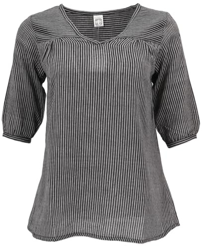GURU SHOP Leichte Baumwollbluse, Gestreifte Boho Schlupfbluse mit V-Ausschnitt - Schwarz/grau, Damen, Size:M