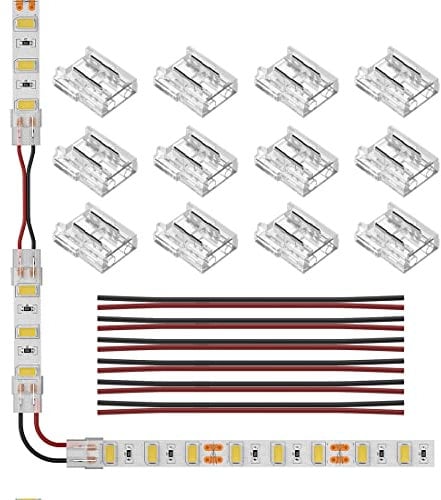 SEZO LED Streifen Verbinder Kit LED Eckverbinder 12PCS SMD 2PIN 10mm Transparenter Ungeverdrahteter Lückenloser Lötfreier Board to Wire Connectors + 6PCS 15cm langer 20AWG Verlängerungsdraht