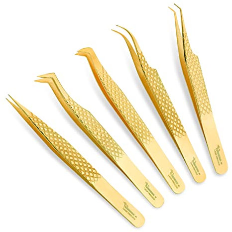 ZAMAHA UK ZUK-LASH-5P-GOLD Lot de 5 pinces à épiler pour extensions de cils en acier inoxydable japonais droites incurvées à 45 ° Pointe coudée à 90 degrés pour volume de cils