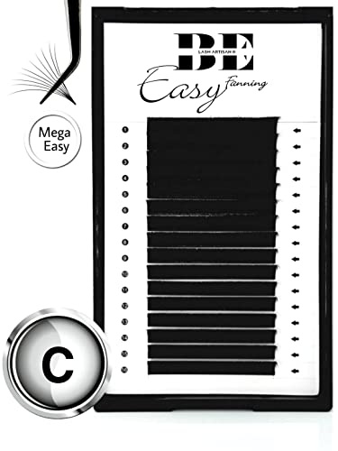 EASY FAN LASHES in C Curl, selbstfächernde Wimpern, EASY PEEL, SOFT BLACK, Volumenwimpern für die Volumentechnik in der Wimpernverlängerung (Stärke 0.07, Mix(6mm-14mm))
