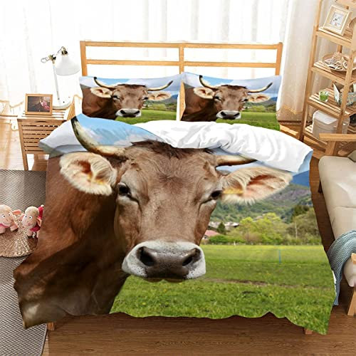 BUMIYA Kinder Bettwäsche Set 135x200 3D Druck Rinder-Muster Bettwäsche100% Mikrofaser Weiche mit Reißverschluss Kühe Auf Der Weide Jungen Mädchen Bettbezüge mit 2 Kissenbezug 80x80 cm