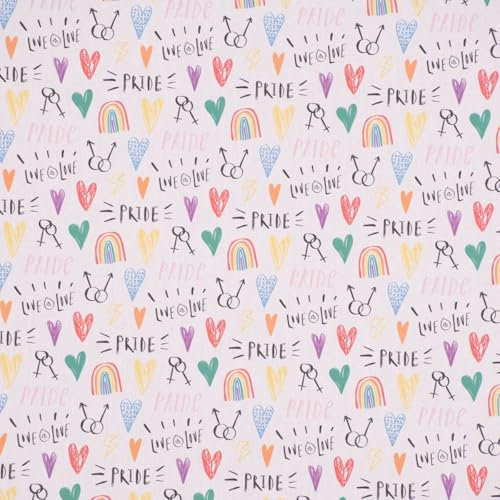 SCHÖNER LEBEN. Baumwollstoff Digitaldr. Patchworkstoff Pride Regenbogen Herzen weiß b