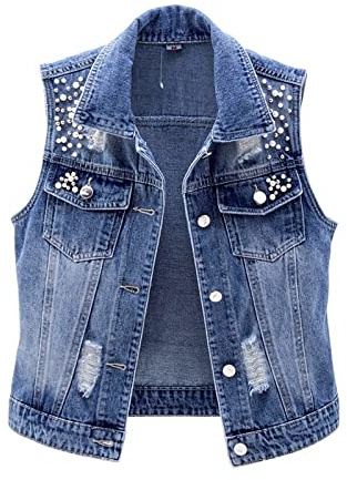 Giubbino Jeans Donna Blu Scuro, Giacca Western Senza Maniche Con Perline e Bottoni - Gilet Sbiadito Ripped Distressed Casual Sciolto