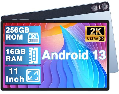 YESTEL Tablet 11 Pulgadas Android 13 con 16GB RAM 256GB ROM (1TB TF), 2000 x 1200 2K IPS, 4 Altavoces, 3 Cámaras, GPS, Carga Rápida 18 W, 8600 mAh, 5G Wi-Fi, Octa-Core, Tablet con Funda, Azul Glaciar
