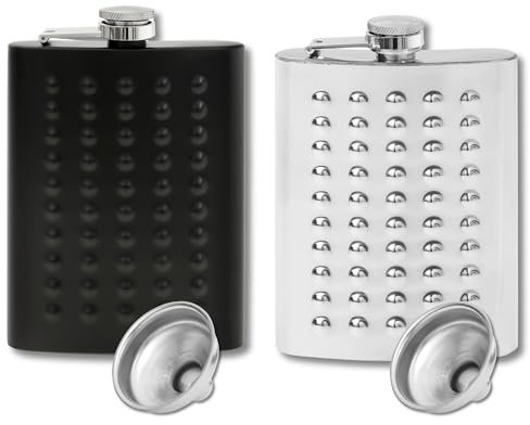 2x Edelstahl Flachmann mit Trichter im Set - 8oz. 227 ml - rostfrei - in Matt-Schwarz und Matt-Grün - edles Militär Design - für Schnaps und Alkohol jeder Art (2er Set Schwarz & Silber)