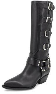 QUEEN HELENA Stivali Alti di Pelle con Fibbie Camperos con Tacco Basso Donna DIVA (Nero, 37)
