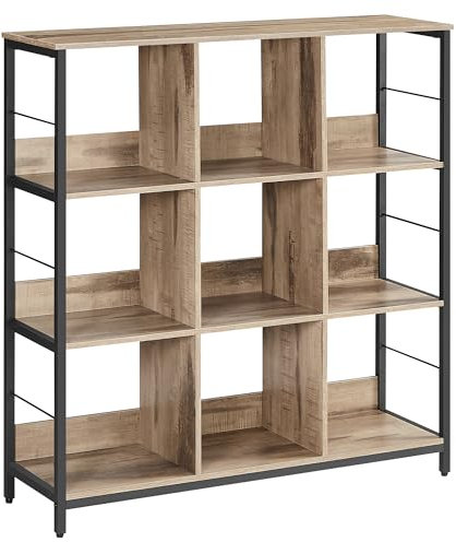 VASAGLE Regal mit 3 Ebenen, Bücherregal, Standregal mit 9 Fächern, für Wohnzimmer, Schlafzimmer, Arbeitszimmer, Küche, 30 x 100 x 103,1 cm, kamelbraun-tintenschwarz LLS112B50