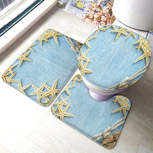 Set 3 Teilig Badvorleger Vintage Maritimer Strandmuscheldruck Badgarnitur Badematten Waschbar rutschfeste Fußmatte Set, Für Wc-Sitz Bezug, Spa