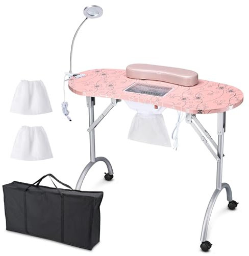 JXYQZD Nageltisch – Tragbarer Maniküretisch mit Absaugung und Lampe, Klappbarer Maniküretisch, für Home Spa Beauty Salon Mobile Nail Tech (Color : Pink)