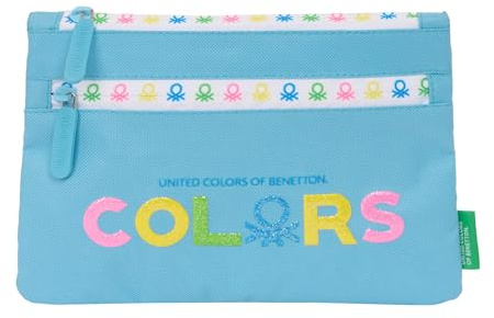 Safta Benetton Spring Federmäppchen, groß, mit doppeltem Reißverschluss, für Kinder, bequem und vielseitig, leicht zu reinigen, 23 x 3 x 16 cm, Himmelblau
