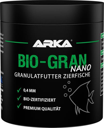 ARKA Bio-Gran Nano - 250 ml / 120 g - Biozertifiziertes Fischfutter für jedes Süßwasser-Aquarium, fördert Wachstum, Farbenpracht und Vitalität von Zierfischen