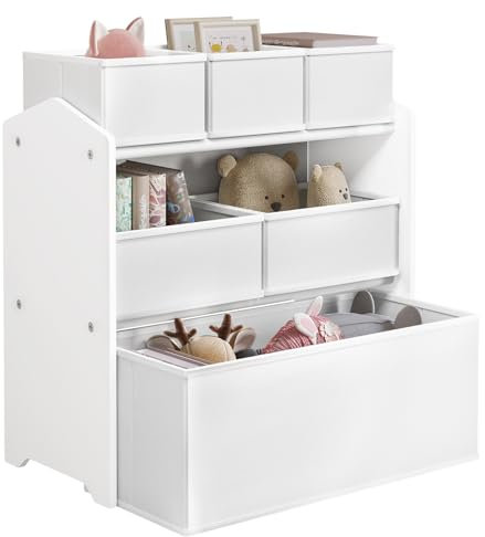 Lestarain 3-Tier Children Storage Unit, Toy Organiser with 6 Removable Boxes, White MDF Frame with Non-Woven Toy Chests for Nursery, Children’s Room, 63x30x60cm