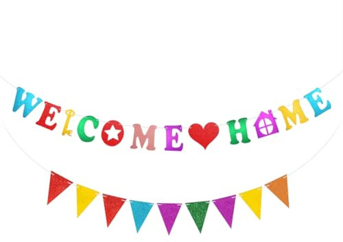 Cartel de bienvenida a casa, decoración de fiesta de bienvenida, letras de bienvenida brillantes y coloridas + banderines para fiesta temática de la familia del bebé, dulce inauguración de la casa,