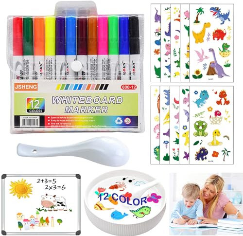 12Pcs Magic Pen avec Cuillère et 2 Autocollants de Tatouage, Feutres Magiques, Water Art Feutre Magique, Stylo Magique à L'eau, écriture, pour Dessin, Jeux D'eau, Tableaux Blancs (D)