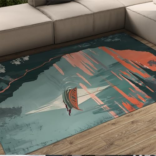 LANDERSION Landschaftsbereich Teppich Boot Extra weiche Teppiche Niedriger Flor für Vorder-Hinter-Eingang Innenteppiche für Schlafzimmer Sunset Lake Dünner großflächiger Teppich 180x240cm