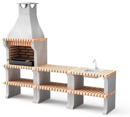 MAESTRO FERRETERO MOVELAR - Barbacoa de Obra Prefabricada de Leña y Carbón Modelo Pack 1 Alcoa (Gris, Naranja - 260 x 58 x 225 cm) Ref: M00346 - Cocina de Exterior para Jardín o Patio